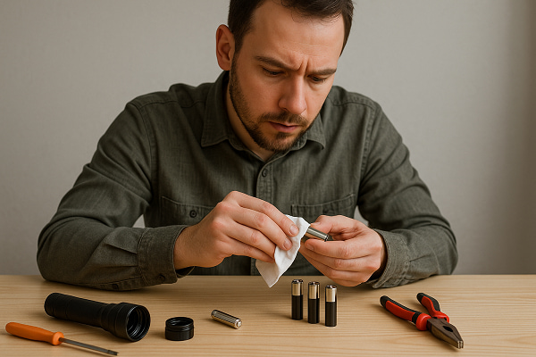 راهنمای کامل نگهداری باتری چراغ قوه؛ از افزایش عمر تا جلوگیری از خرابیهای ناگهانی 4 تمیز نگه داشتن باتری چراغ قوه